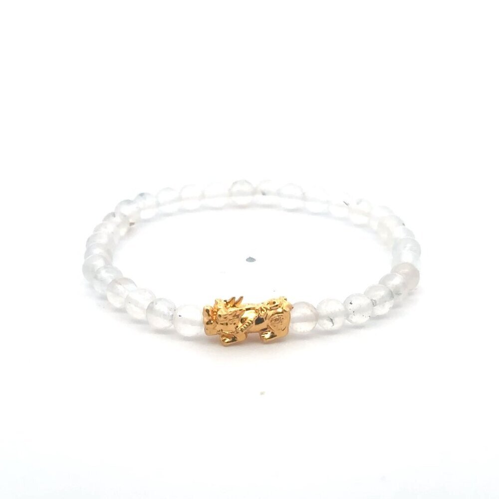 18K Gold Pixiu Piyao Bracelet Gemstone Mini Beads Moonstone 4mm June Birthstone